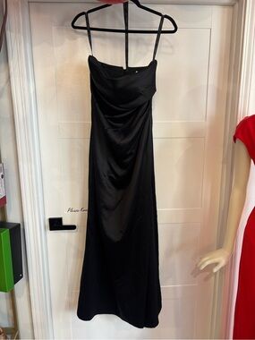 Bill Levkoff Black Satin strapless floor length gown with Draped Bodice